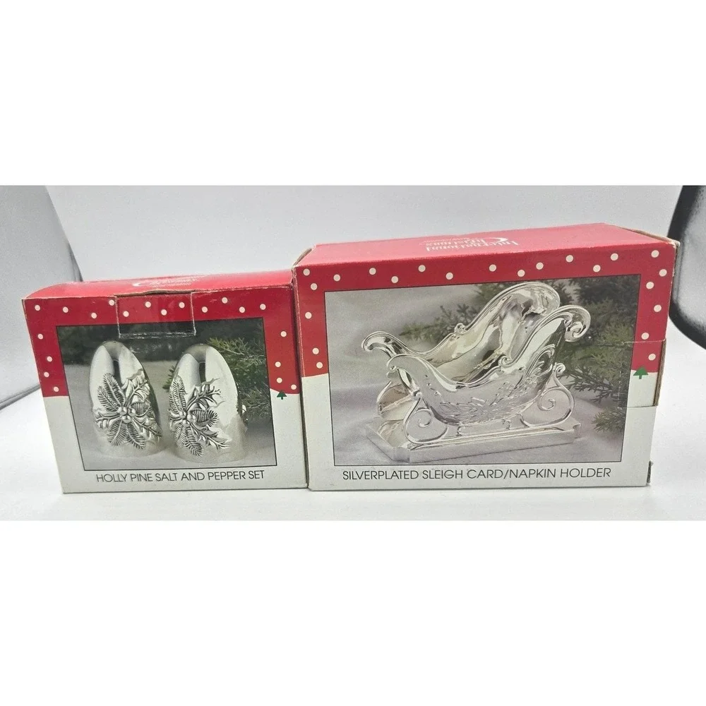 International Silver Co. Christmas Sleigh Napkin Holder & Holly Shakers
